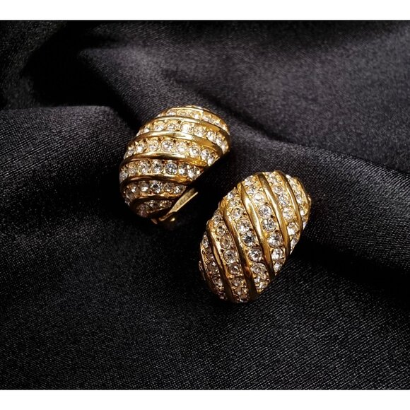 Vintage 1990s Christian Dior Gold Plated Clip-On Earrings With Rhinestone Stripe - Picture 1 of 5